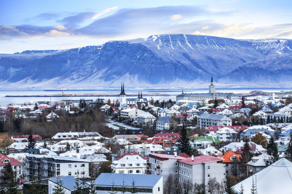 Surrounding vistas of the city of Reykjavik in Iceland on a snowy day. 